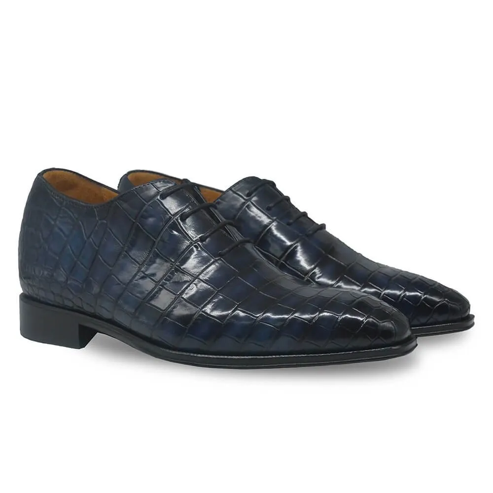 7 CM/2.76 Inches CMR CHAMARIPA Men's Navy Alligator Leather Oxford Elevator Shoes - Handcrafted Luxury Footwear