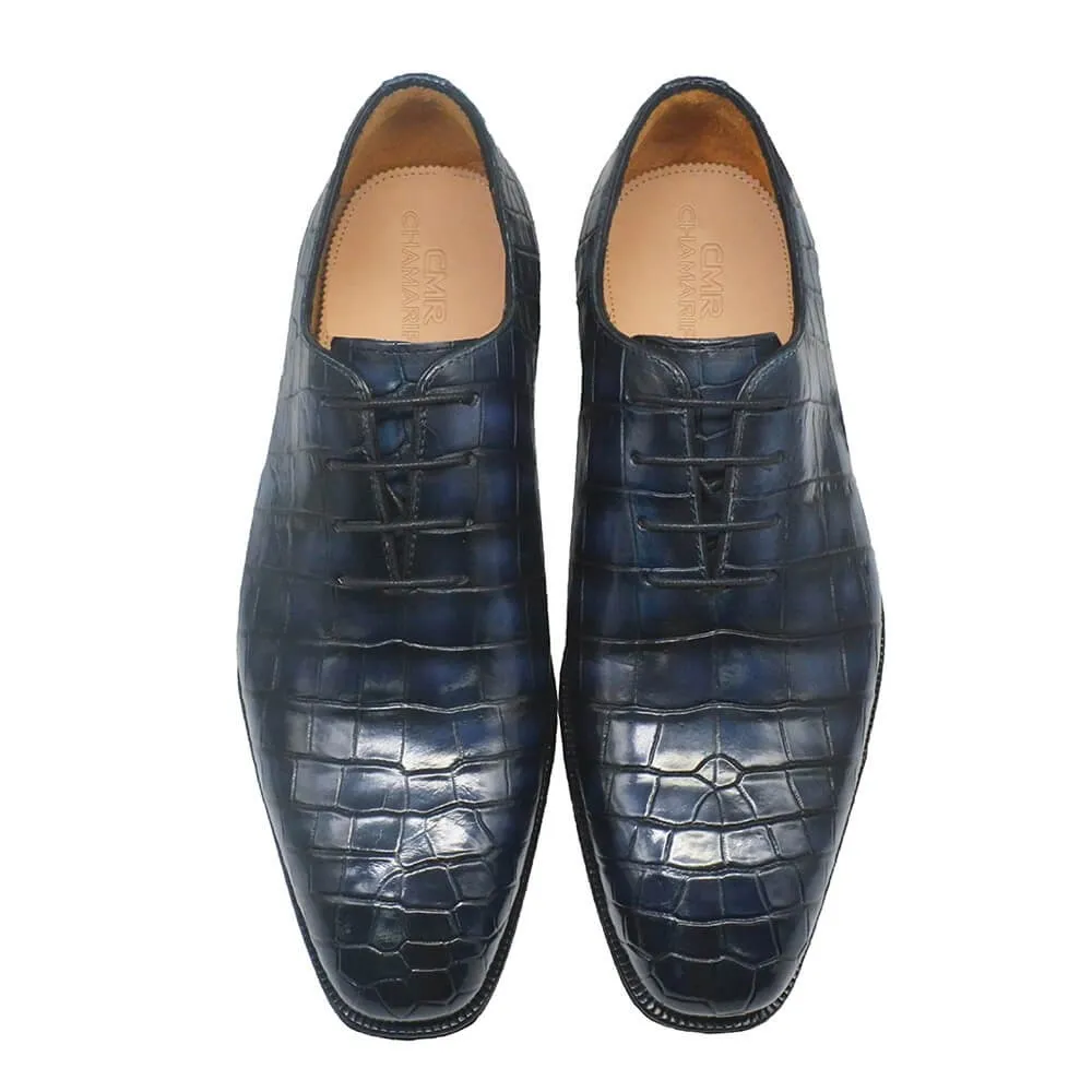 7 CM/2.76 Inches CMR CHAMARIPA Men's Navy Alligator Leather Oxford Elevator Shoes - Handcrafted Luxury Footwear