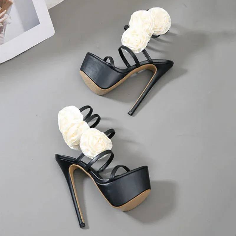 binfenxie  -  Black Ultra High Heel Platform Flower Sandals Ladies Designer Sexy Stilettos Party Dress Pumps Summer Open Toe Shoes For Women