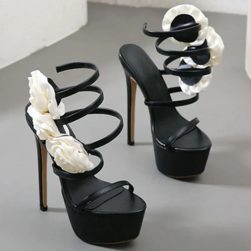 binfenxie  -  Black Ultra High Heel Platform Flower Sandals Ladies Designer Sexy Stilettos Party Dress Pumps Summer Open Toe Shoes For Women
