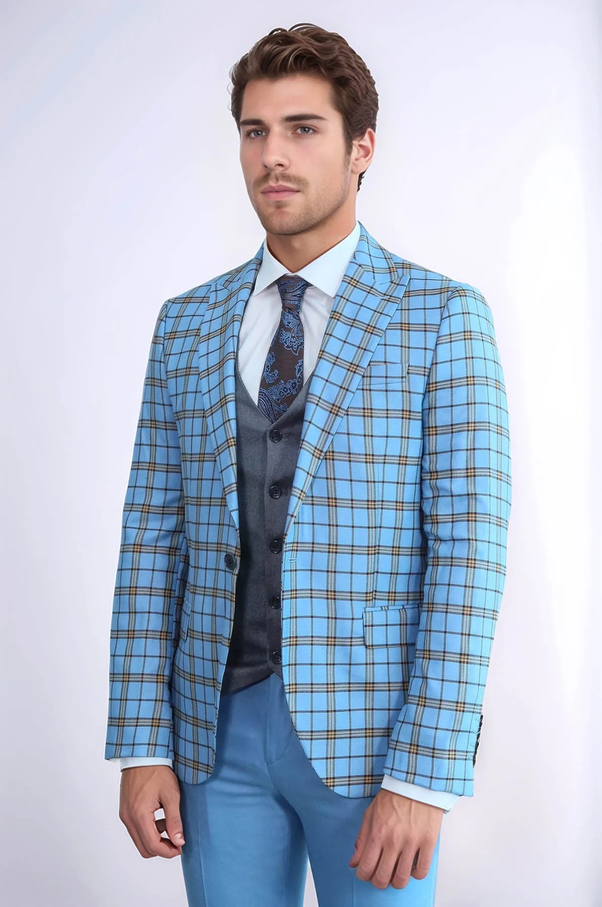 Grey Vested Slim Fit Checked Light Blue Men Suit - Wessi