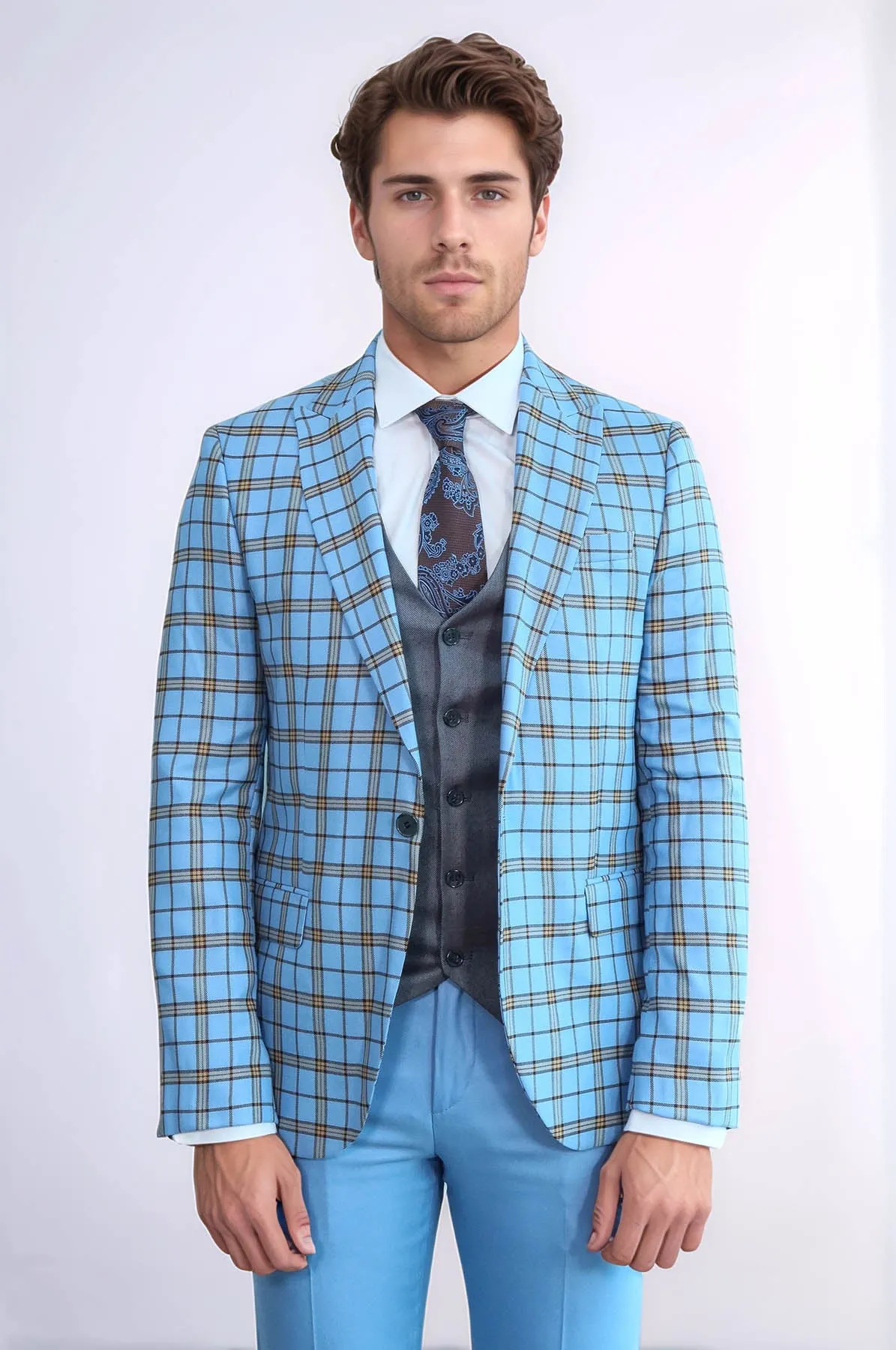 Grey Vested Slim Fit Checked Light Blue Men Suit - Wessi