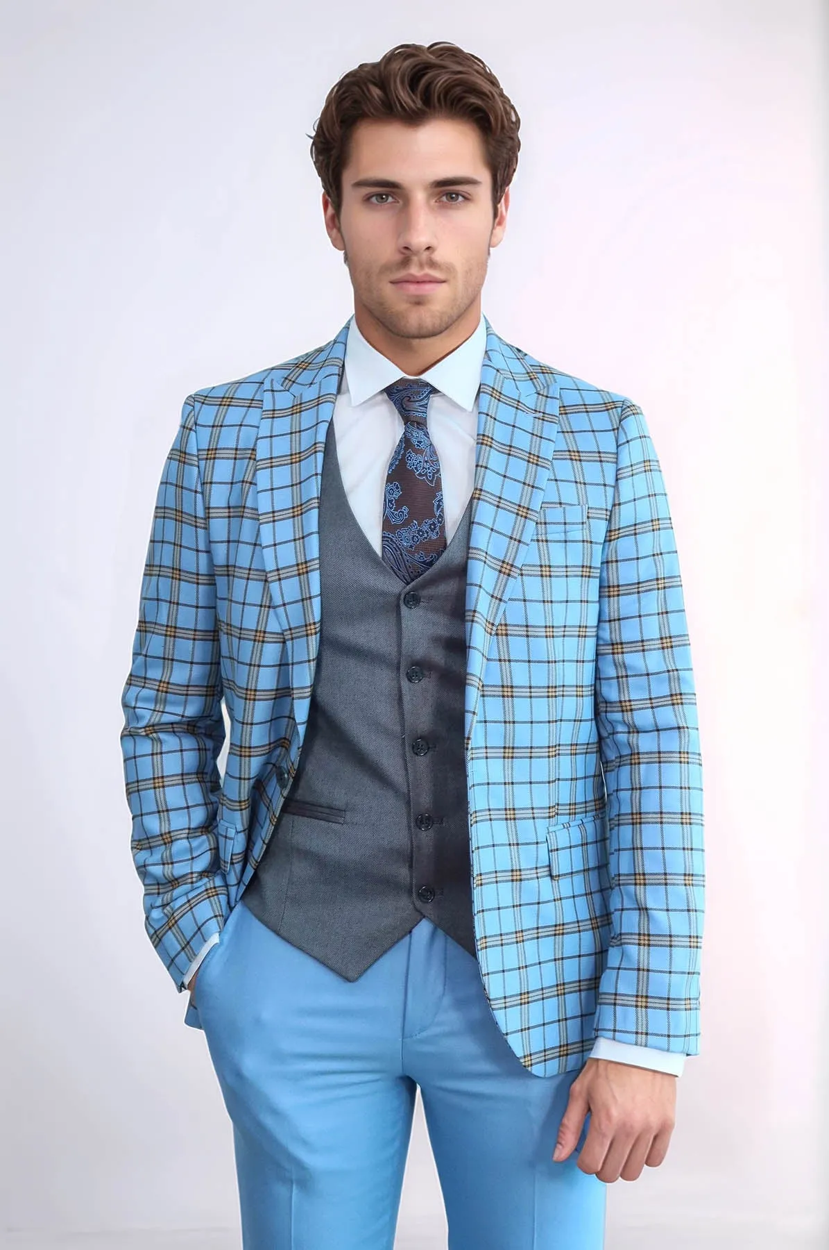 Grey Vested Slim Fit Checked Light Blue Men Suit - Wessi