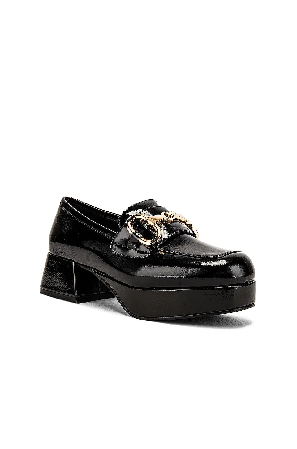 Jeffrey Campbell STUDENT-2 Metal Bit Platform Block Heel Loafers BLACK PATENT