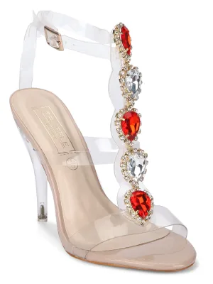 Nude Perspex Jeweled Strappy Stilettos