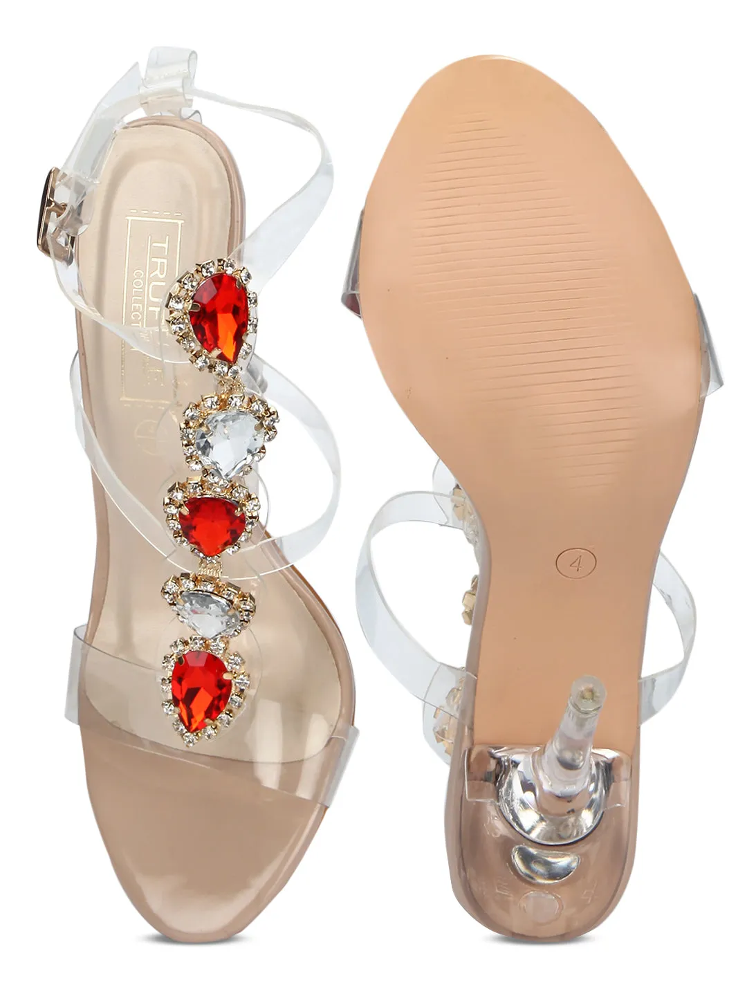 Nude Perspex Jeweled Strappy Stilettos