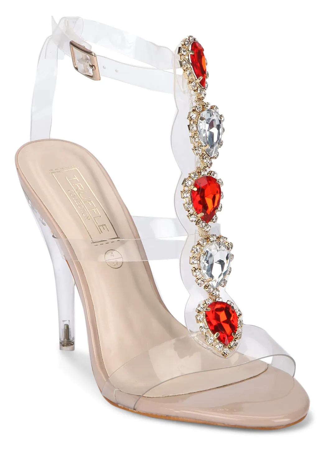 Nude Perspex Jeweled Strappy Stilettos