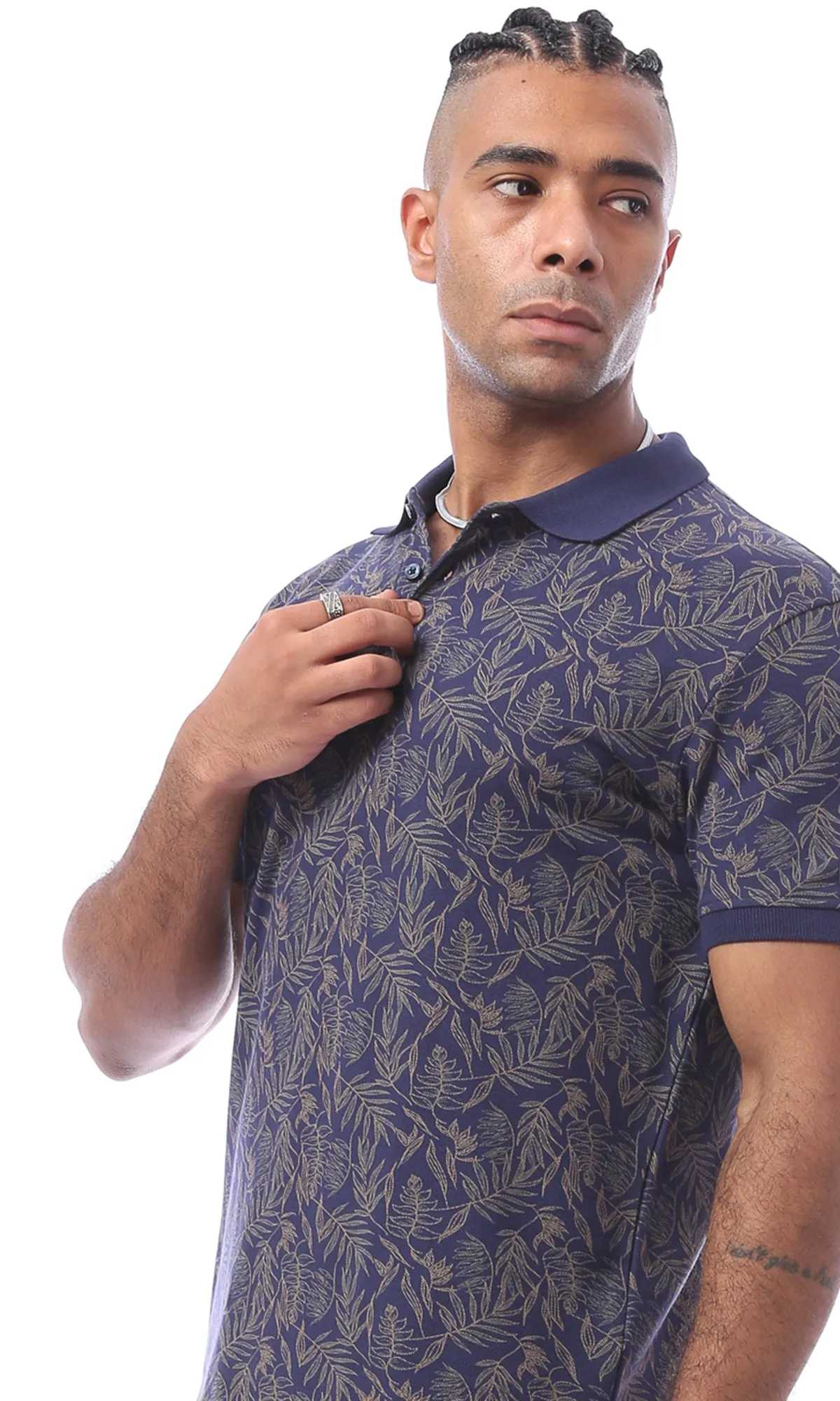 O165178 Navy Blue Patterned Cotton Polo Shirt