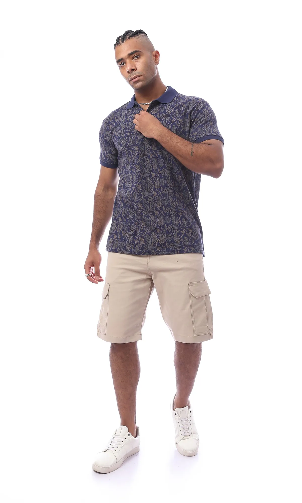 O165178 Navy Blue Patterned Cotton Polo Shirt