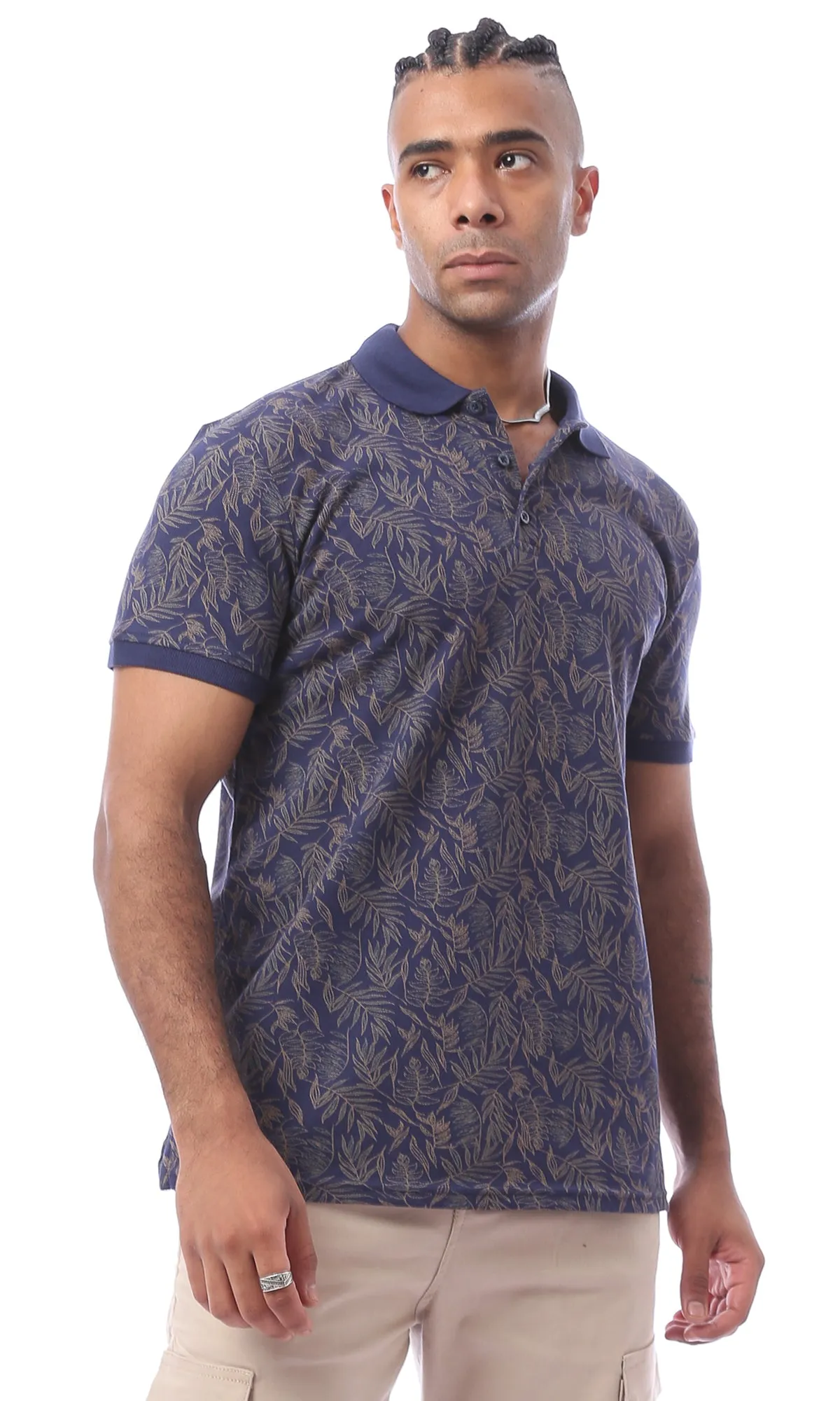 O165178 Navy Blue Patterned Cotton Polo Shirt