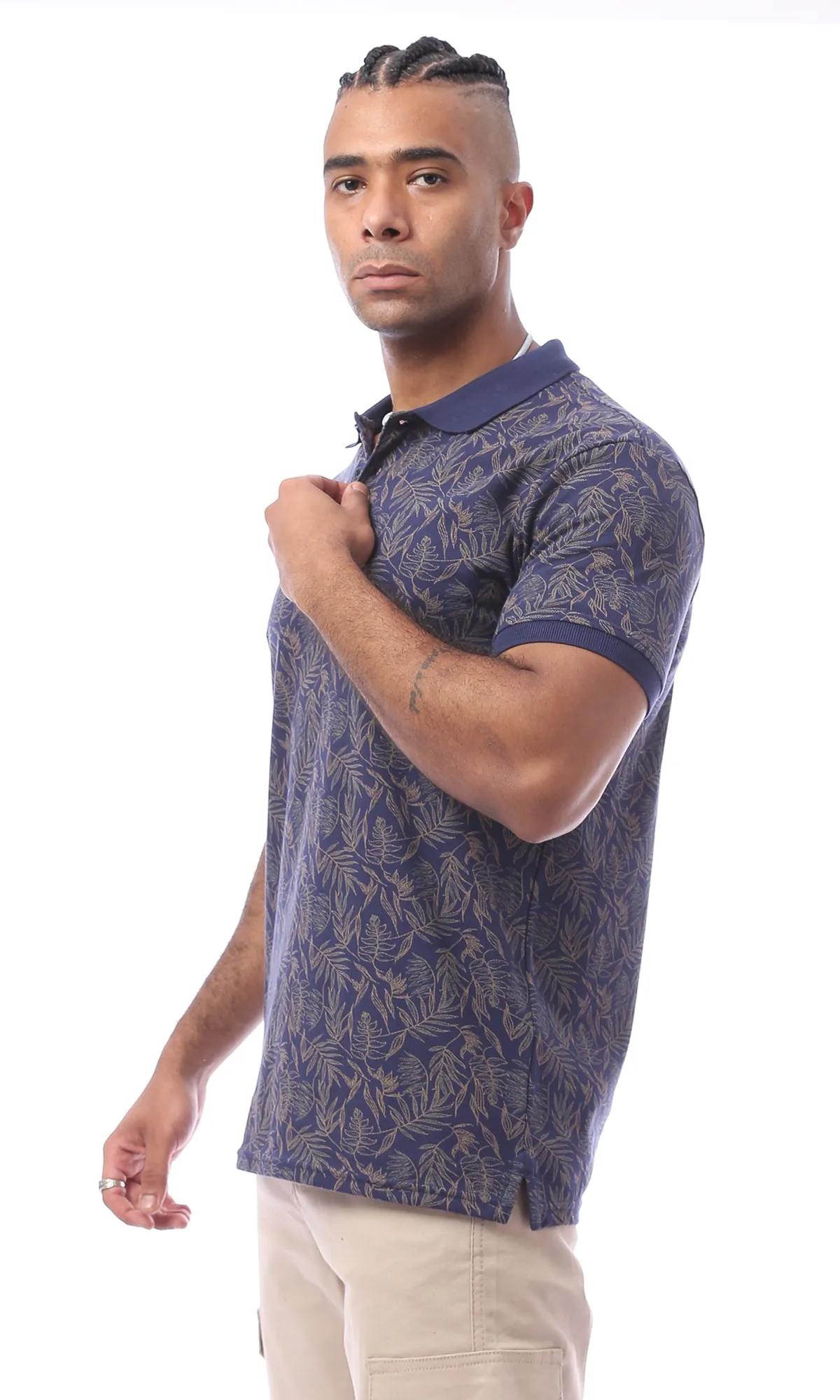 O165178 Navy Blue Patterned Cotton Polo Shirt