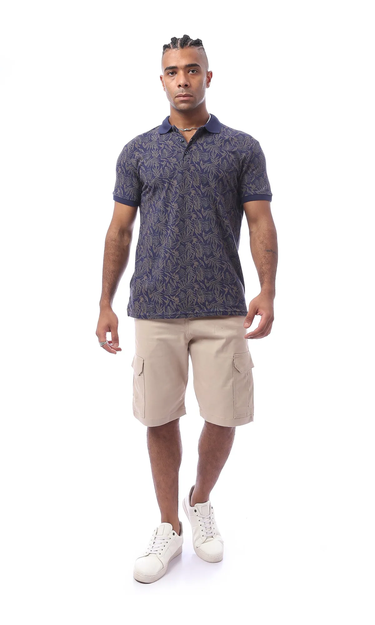 O165178 Navy Blue Patterned Cotton Polo Shirt