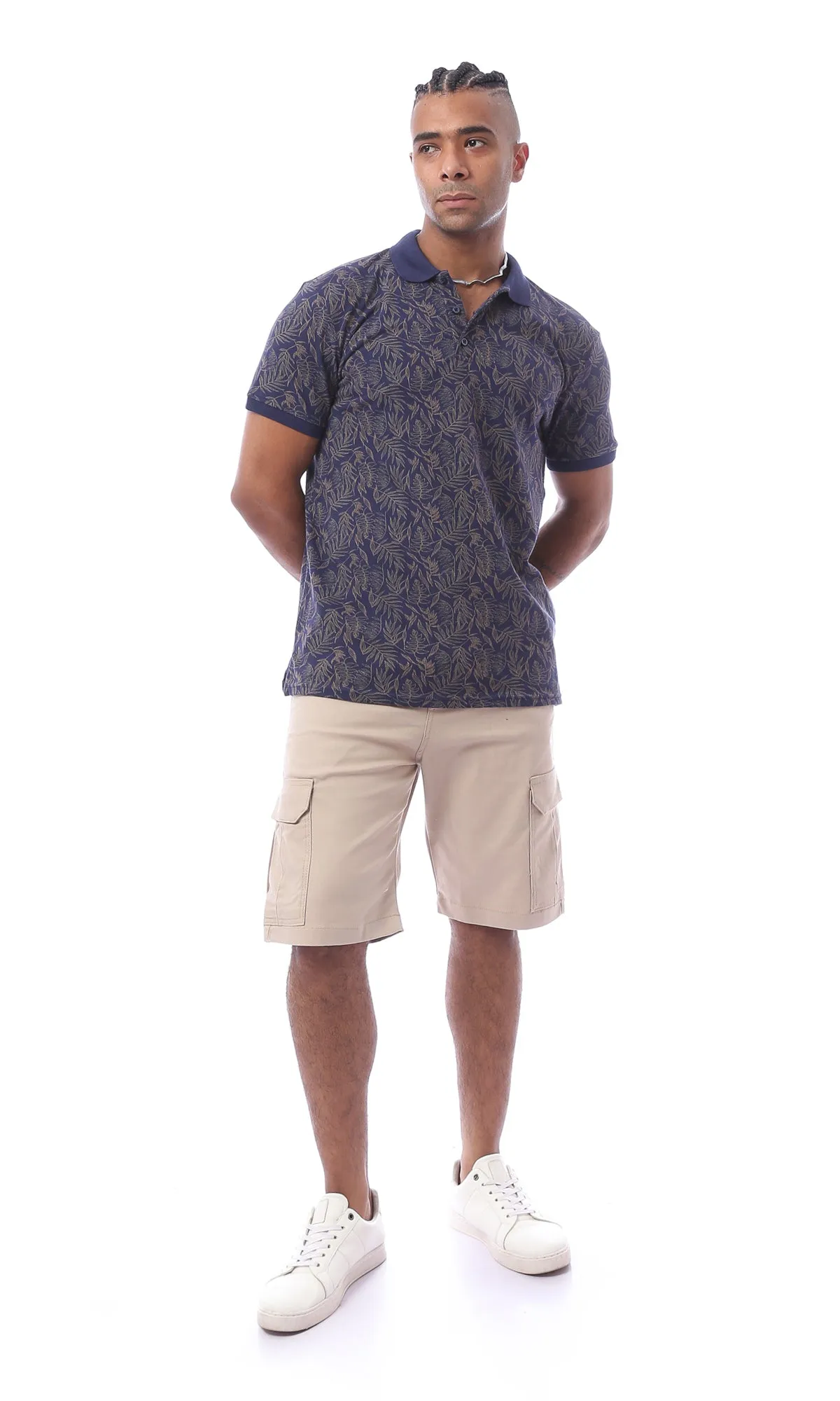O165178 Navy Blue Patterned Cotton Polo Shirt