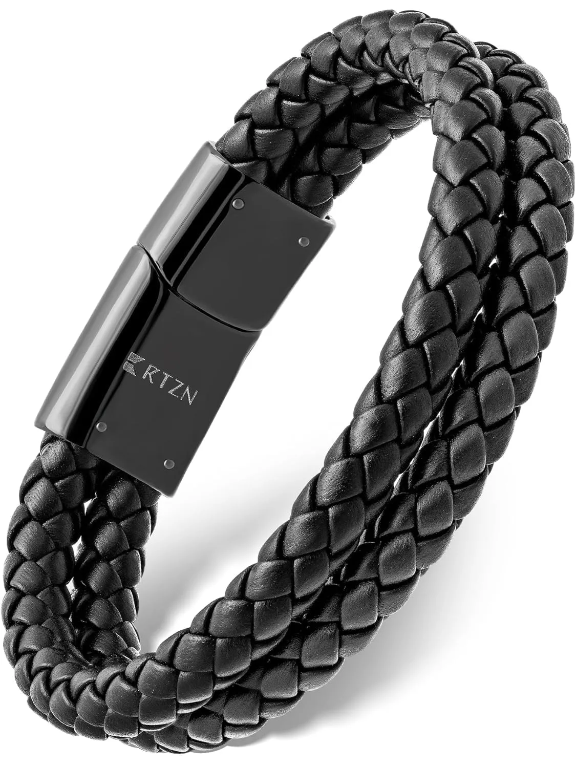 RTZN Black Leather Bracelet for Men  Premium Artisan Handcrafted Double Strand Black Braided Leather Bracelet  (Medium)