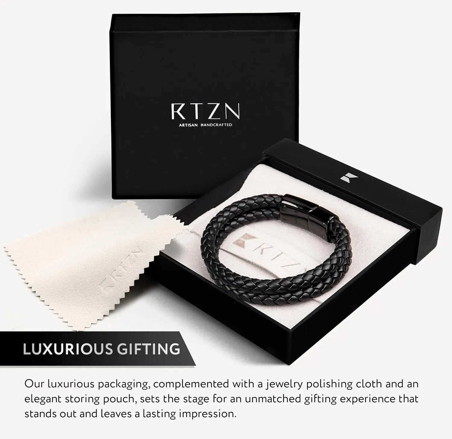 RTZN Black Leather Bracelet for Men  Premium Artisan Handcrafted Double Strand Black Braided Leather Bracelet  (Medium)