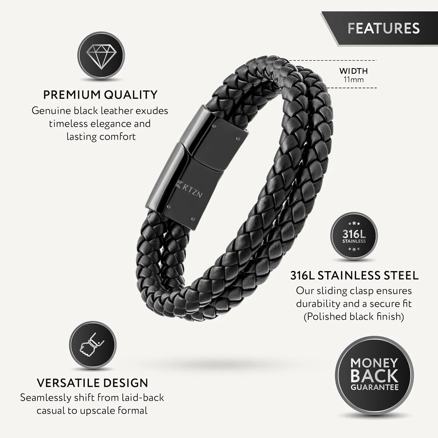 RTZN Black Leather Bracelet for Men  Premium Artisan Handcrafted Double Strand Black Braided Leather Bracelet  (Medium)
