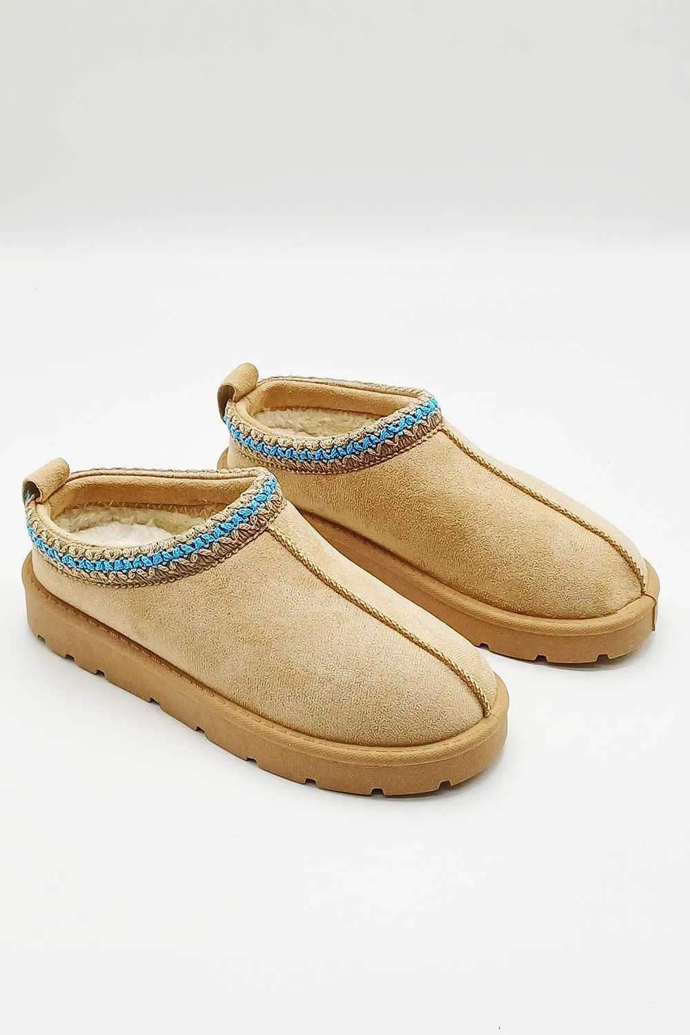 Sigrid Embroidered Faux Fur Lining Slippers in Taupe