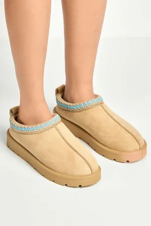 Sigrid Embroidered Faux Fur Lining Slippers in Taupe