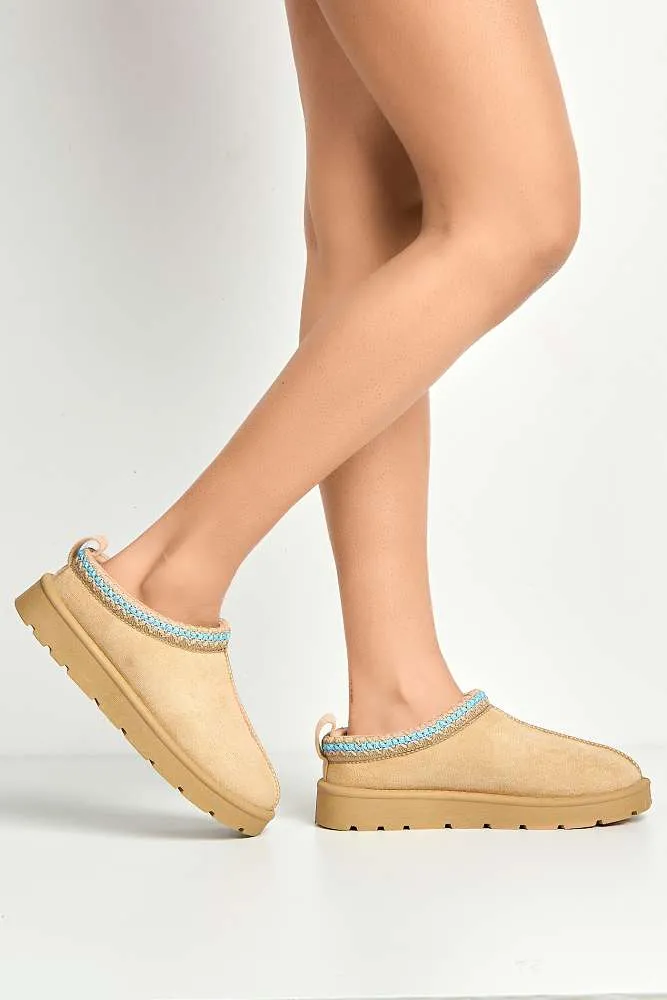 Sigrid Embroidered Faux Fur Lining Slippers in Taupe