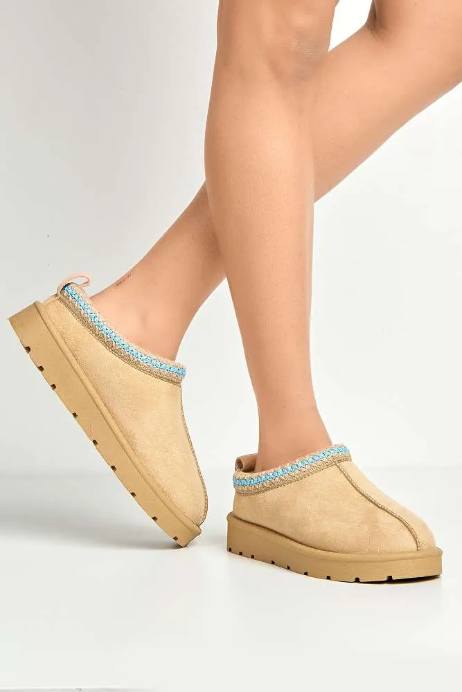 Sigrid Embroidered Faux Fur Lining Slippers in Taupe