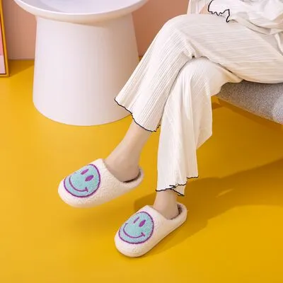 Smiley Face Slippers in White/Sky Blue