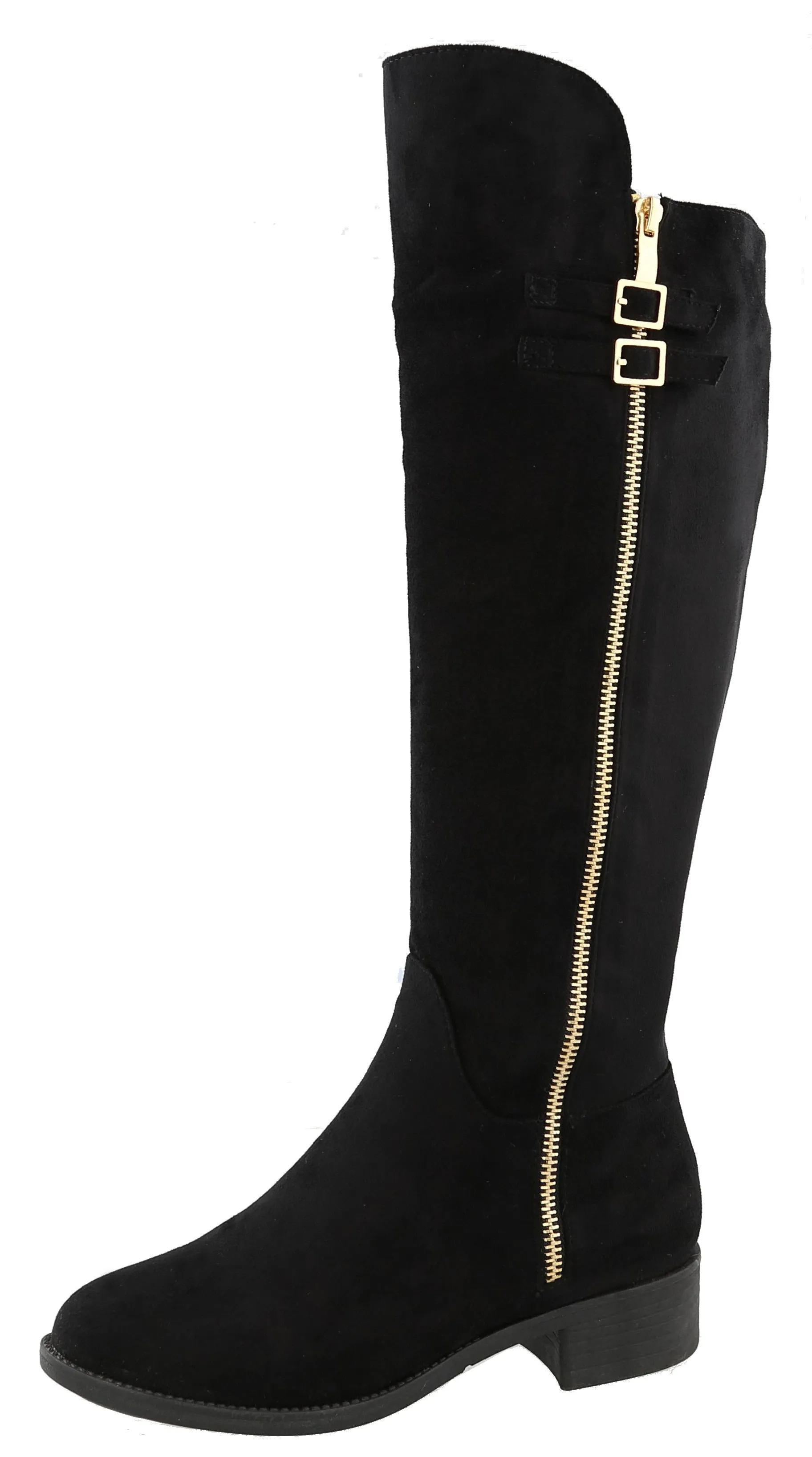 Top Moda Women's Buckle Zipper Over the Knee Riding Low Flat Heel Boot