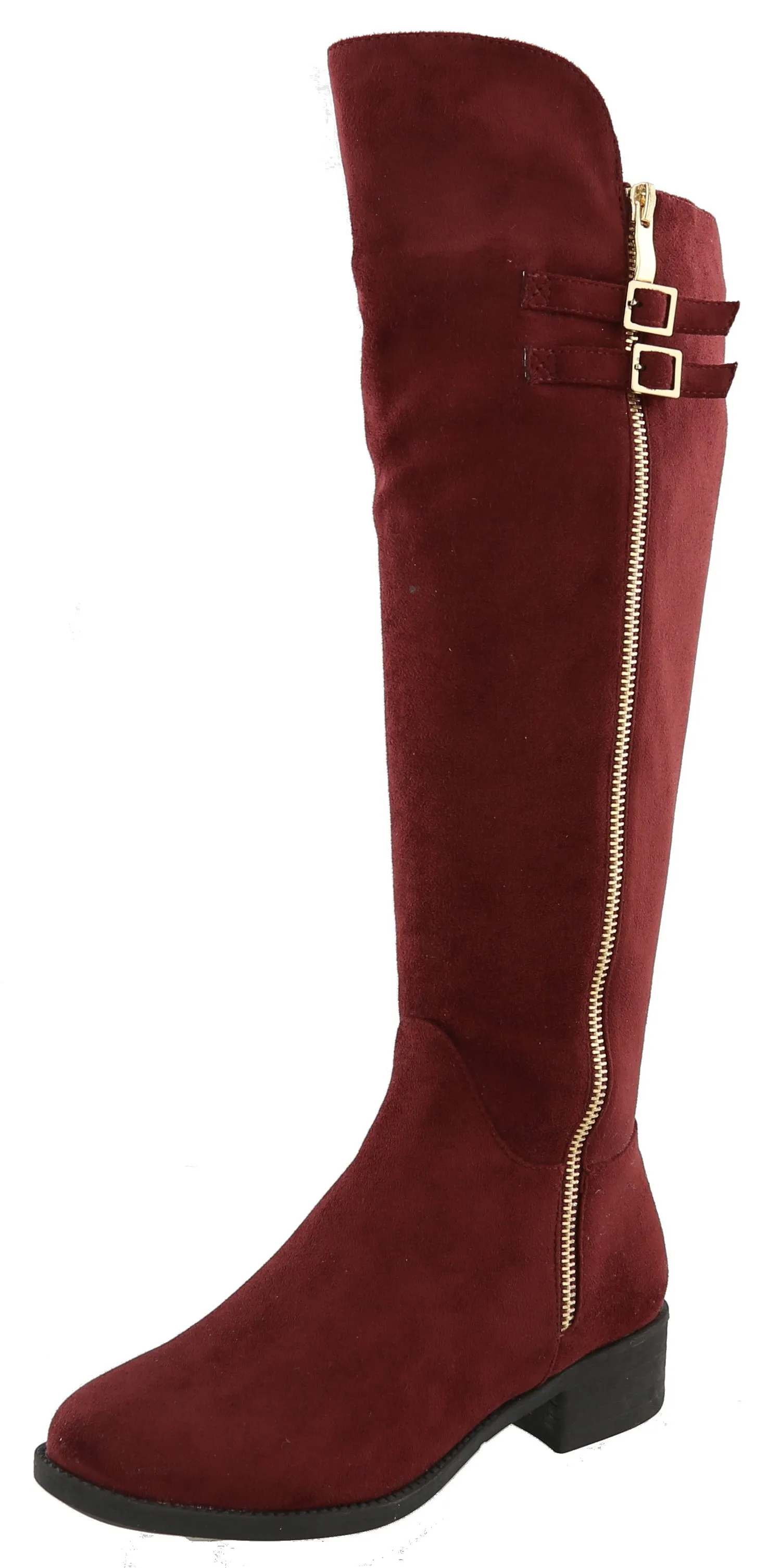 Top Moda Women's Buckle Zipper Over the Knee Riding Low Flat Heel Boot