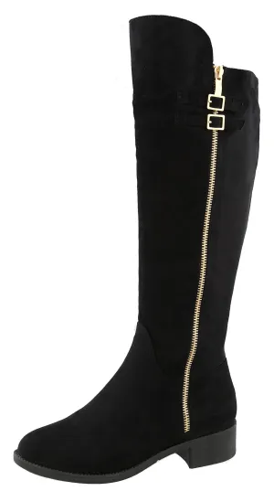 Top Moda Women's Buckle Zipper Over the Knee Riding Low Flat Heel Boot
