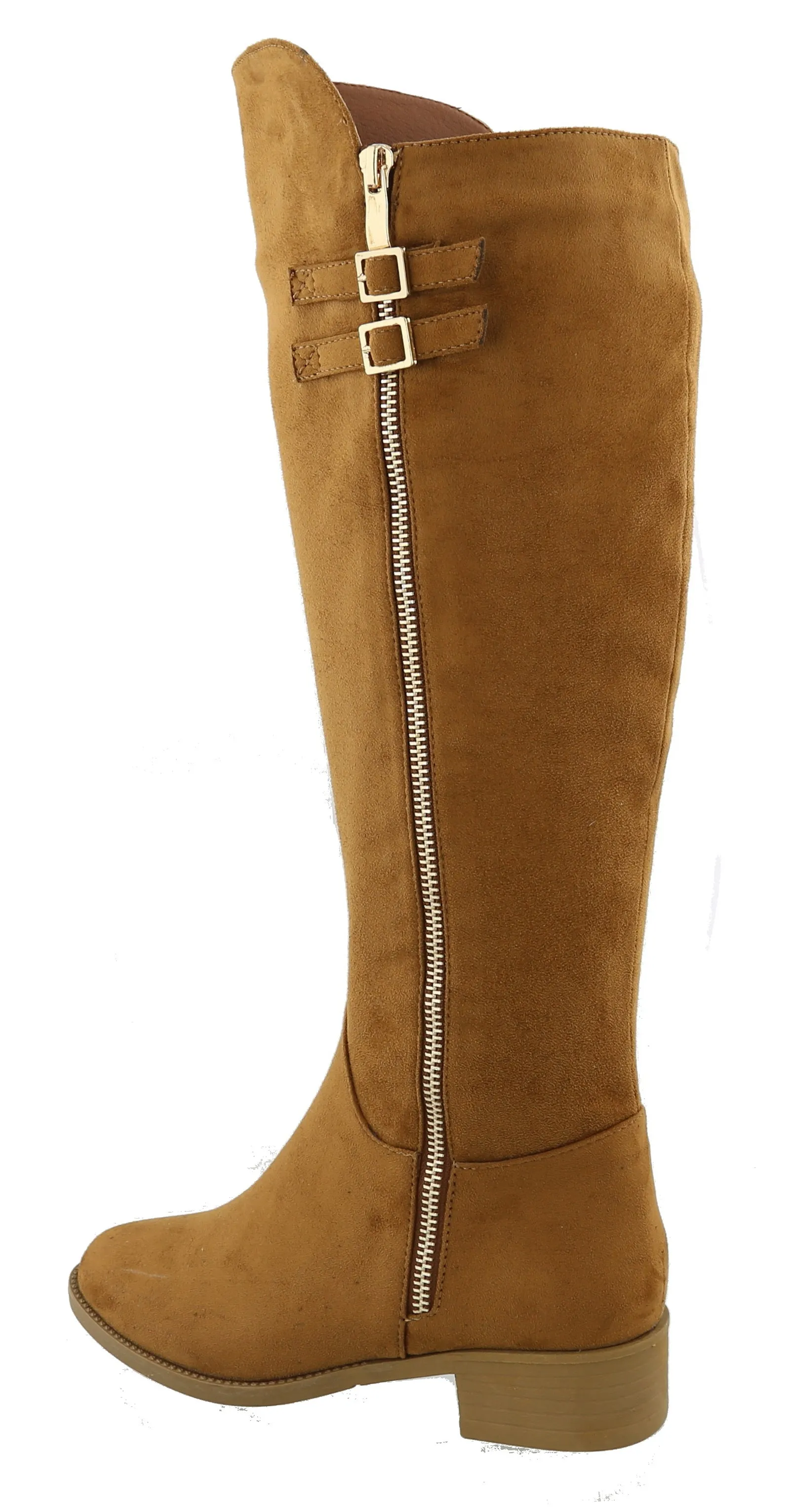 Top Moda Women's Buckle Zipper Over the Knee Riding Low Flat Heel Boot