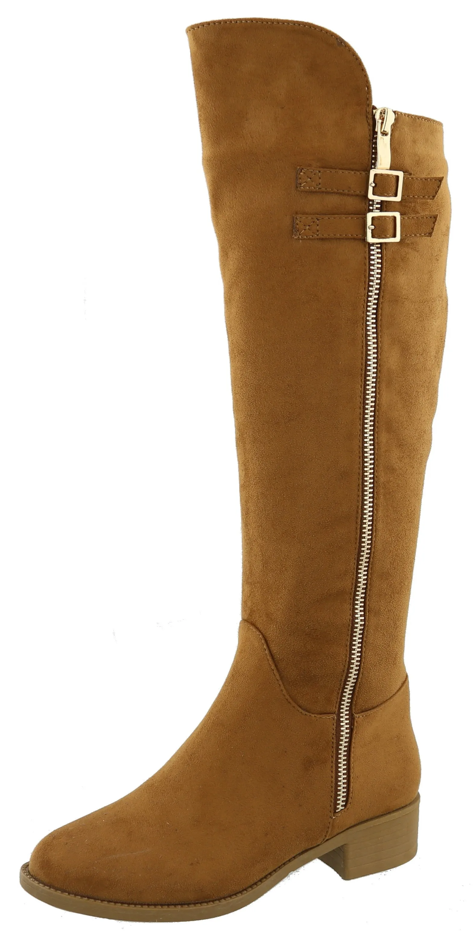 Top Moda Women's Buckle Zipper Over the Knee Riding Low Flat Heel Boot