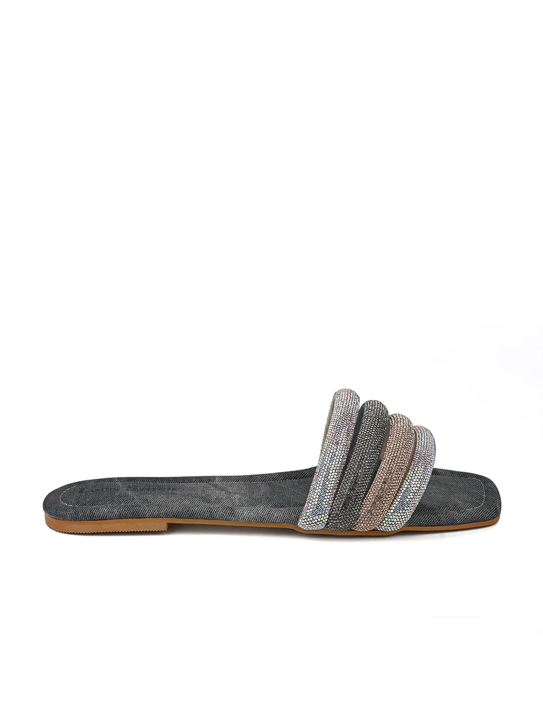Women's Grey Glitter Strap Flat Heel Lightweight Sandals